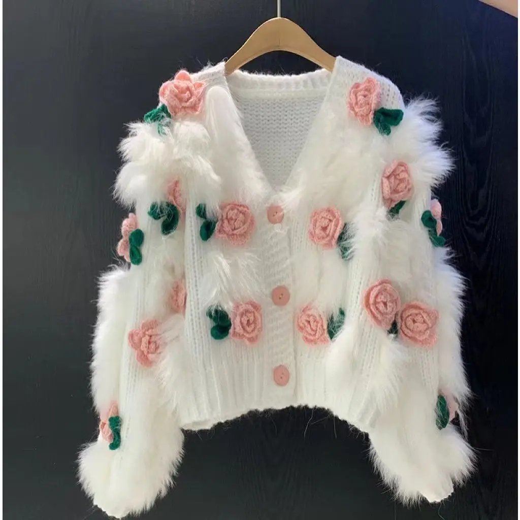 Women Sweaters Fur Knit Cardigan Autumn Winter Streetwear Fashion Single Breasted Flowers Tassel Cropped Cashmere Knitwear Coat