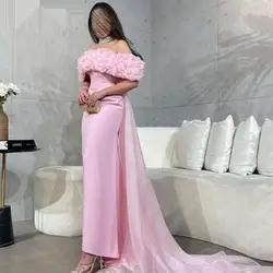 2024 NEW Pink Off The Shoulder Ruffles Saudi Evening Dresses Mermaid Satin Boat Neck Prom Dress Ankle Length Formal Party Gowns