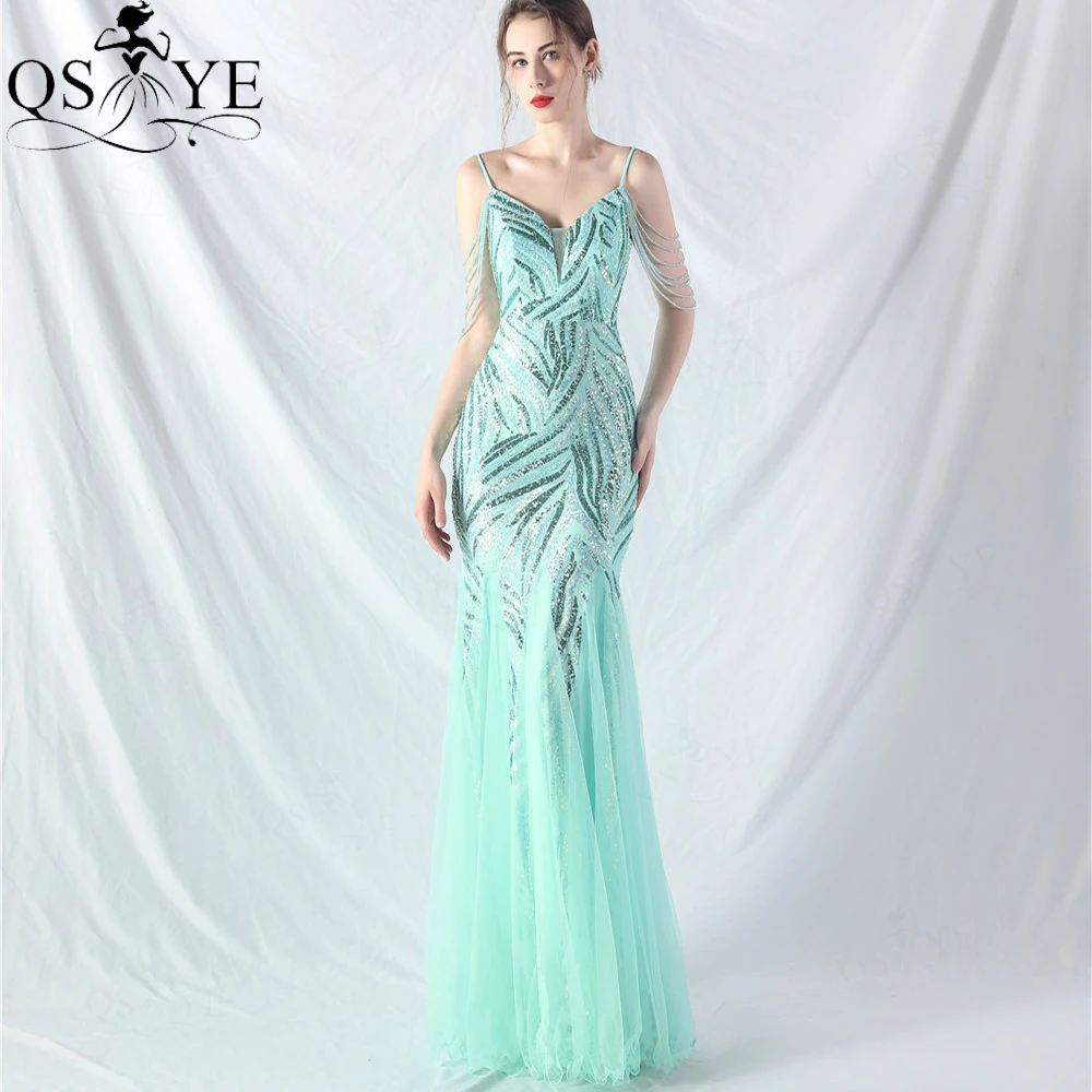 

Mint Green Prom Dresses Pattern Sequined Beading Strings Spaghetti Straps V neck Party Gown Side Sleeves Mermaid Evening Dress
