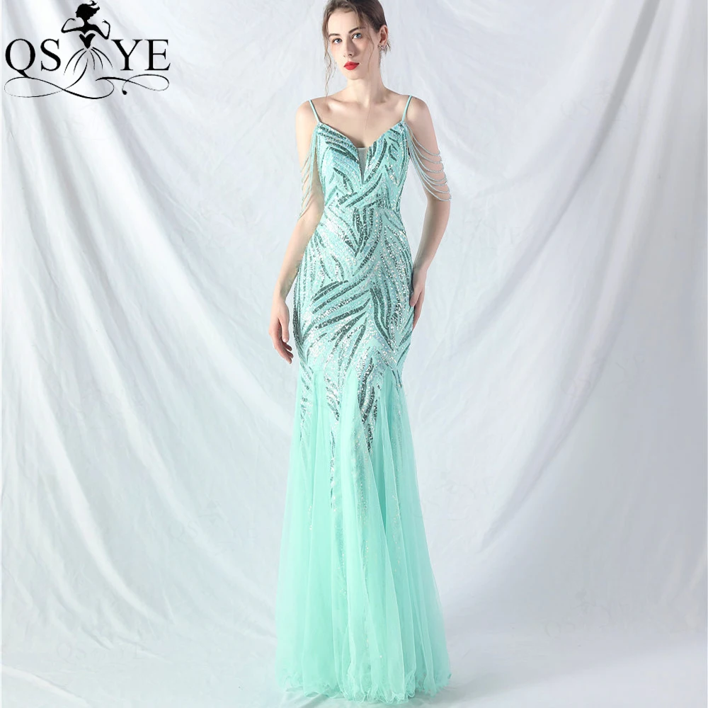 Mint Green Prom Dresses Pattern Sequined Beading Strings Spaghetti Straps V neck Party Gown Side Sleeves Mermaid Evening Dress