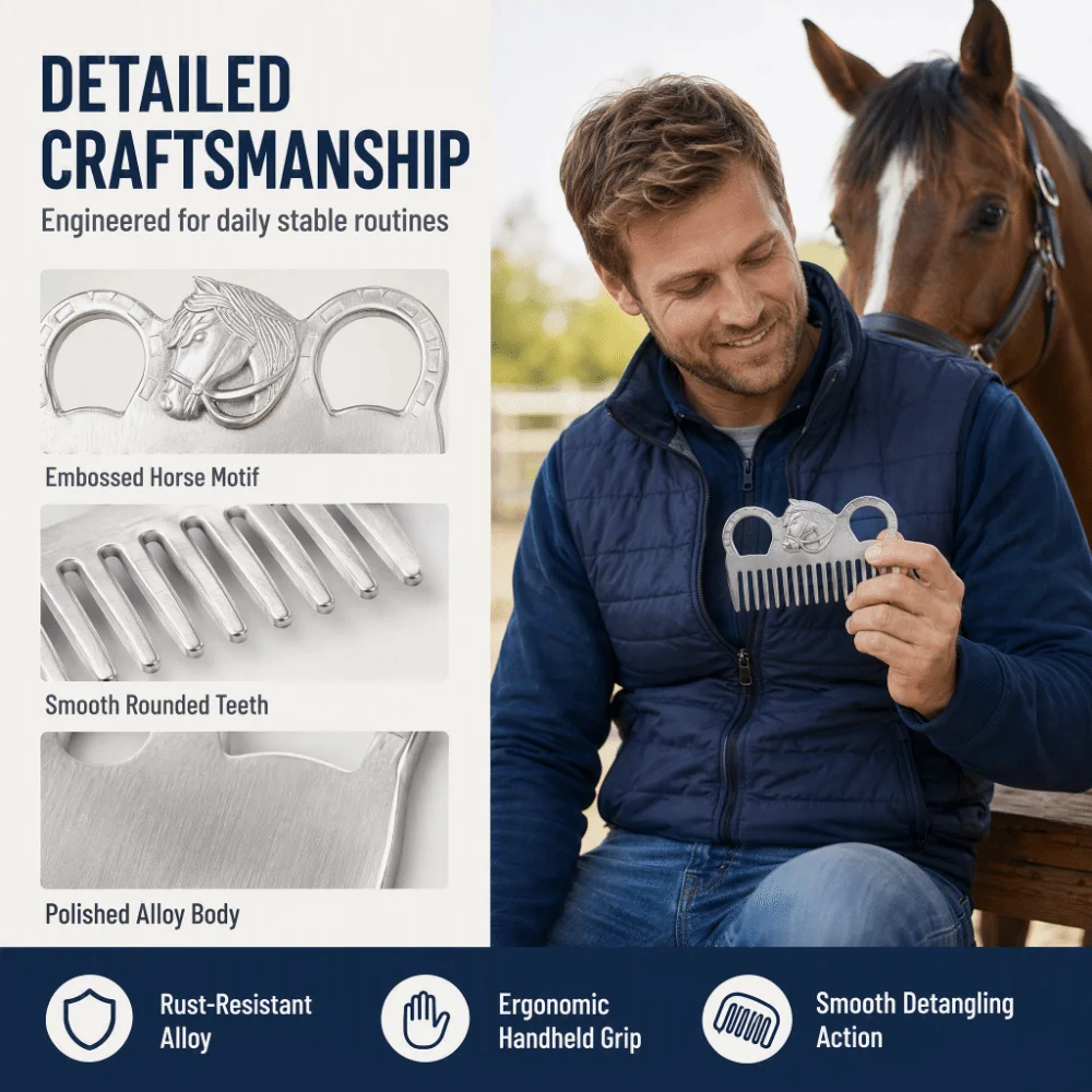 Portable Metal Horse Hair Comb Silver Detangling Metal Polishing Comb Carved Handle Short Teeth Horse Cleaning Comb Farm Use
