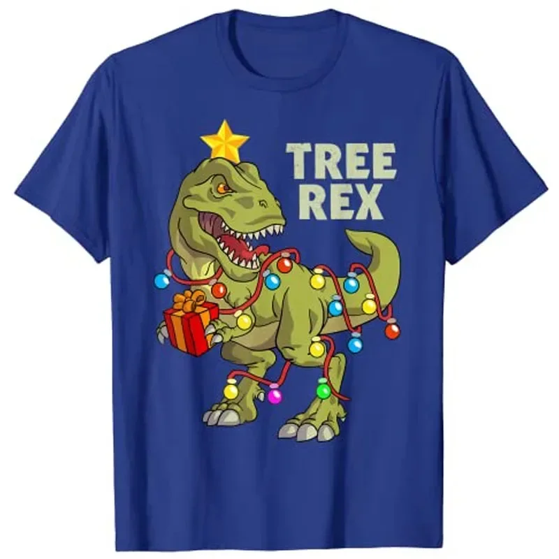 Christmas Lights Tree Rex T-shirt Christmas Dinosaur Men's Pure Cotton T-shirt Funny T-shirt Street Casual Fashion Large Tops