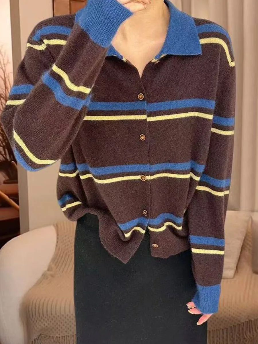 Fashionable Striped Neck Knitted Sweater Women's Loose Long Sleeve Single Button Cardigan Top for Autumn Season