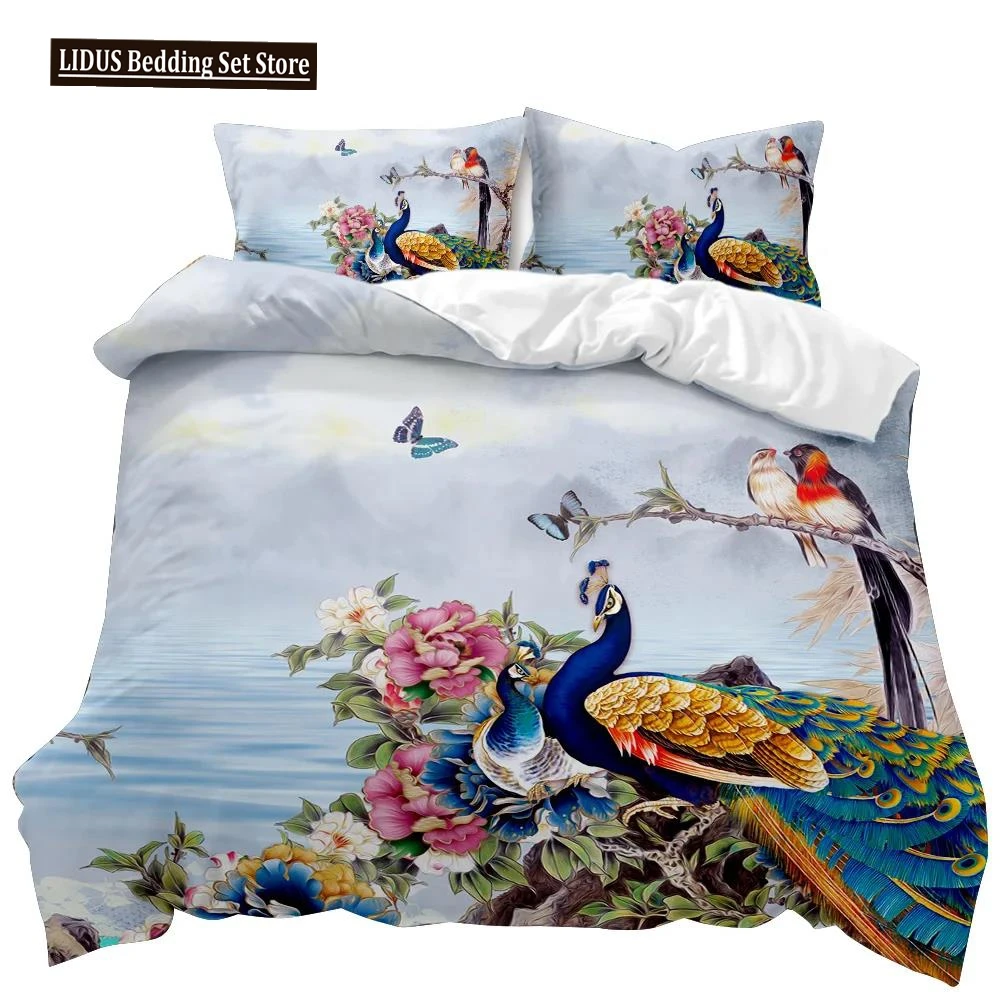 Peacock Duvet Cover Set Elegant Gorgeous Blue Feather Comforter Cover Girls Women Pink Flower Birds Animal Polyester Qulit Cover