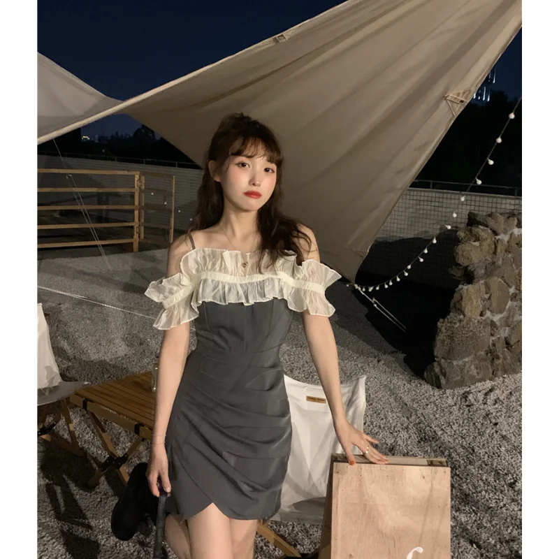 Summer Grey Dress Women Contrasting Colors Vintage Fashion Y2K Style Miniskirt 2023 NEW Female Temperament Elegant Party Dress