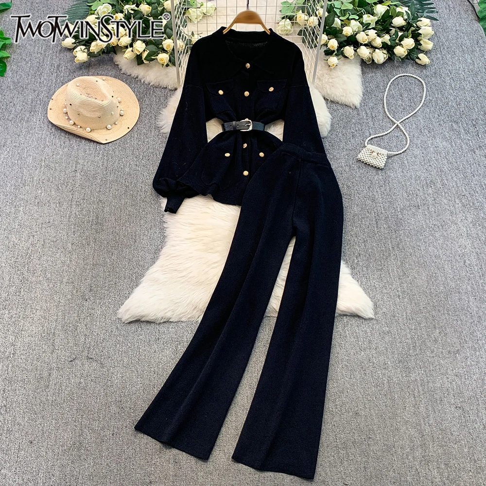 

TWOTWINSTYLE Light Luxury Solid Slim Two Piece Sets For Women Lapel Long Sleeve Top High Waist Pants Chic Set Female KSE549902