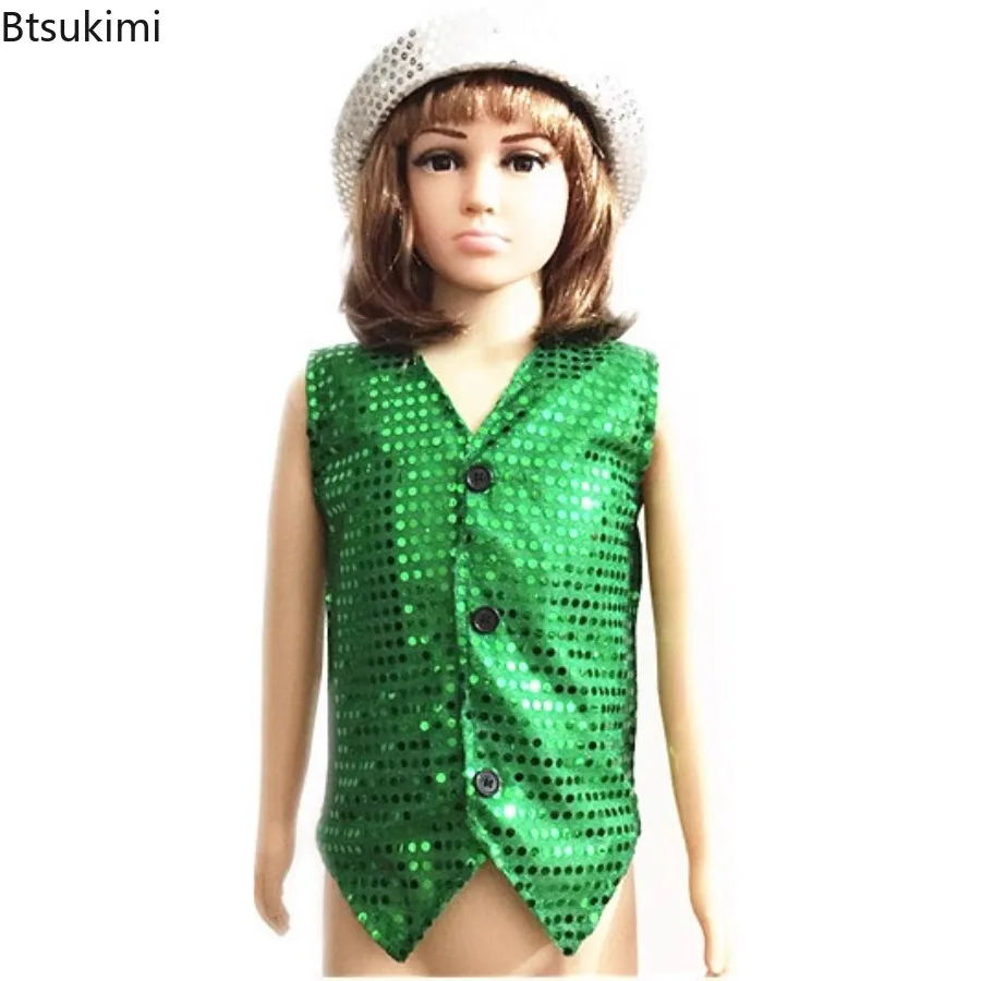 Kids Boys Girls Shining Sequins Vest Jacket Waistcoat for Hip-hop Jazz Christmas Party Stage Performance Dance Costumes Clothes