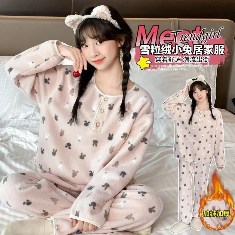 

Kawaii Girl Keep Warm Hood Pajama Set Student Autumn and Winter Cartoon Casual Thicken Homewear 2-Piece Set Children's Clothing