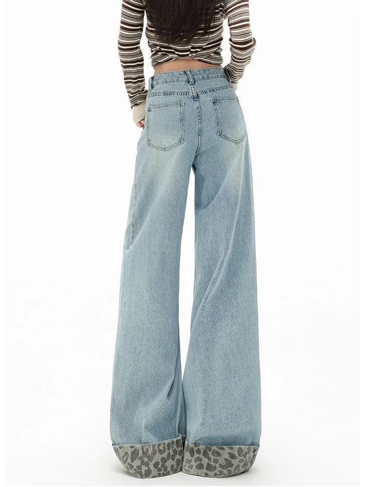 2026 Ropa Y2K Fashion Leopard Patchwork Washed Blue Baggy Women's Jeans Pants For Woman Clothing Wide Leg Casual Denim Trousers