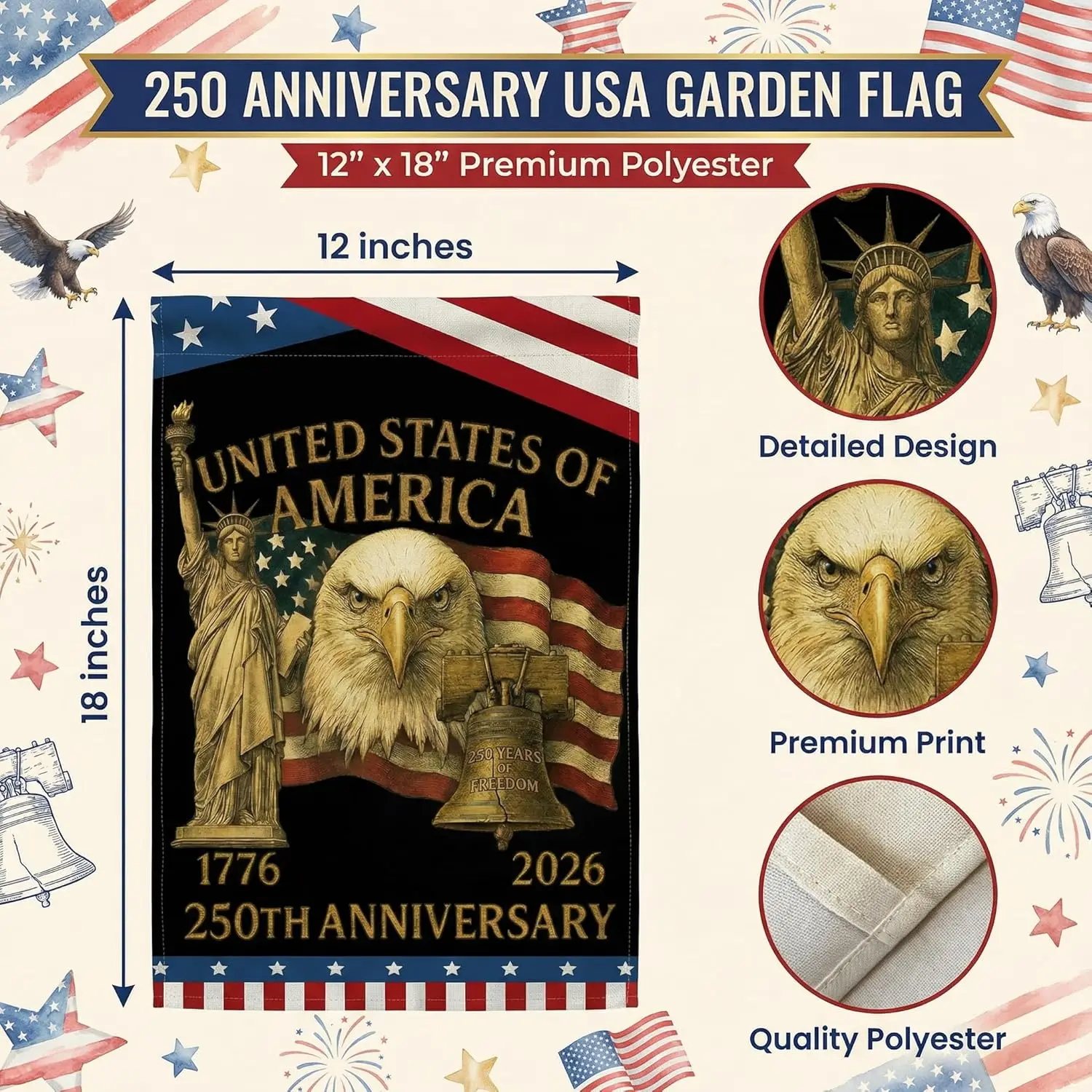 Joyline 250 Anniversary USA Garden Flag 1776-2026 250 Years of Freedom Patriotic Eagle Design Double-Sided Banner for Garden AAS