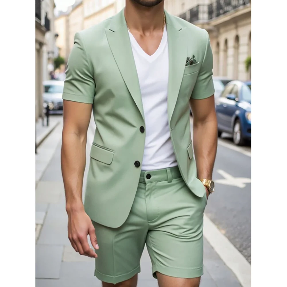 Summer New Style Men Suit 2 Piecs Short Sleeve Blazer Shorts Single Breasted Daily Commute Social Party Suits