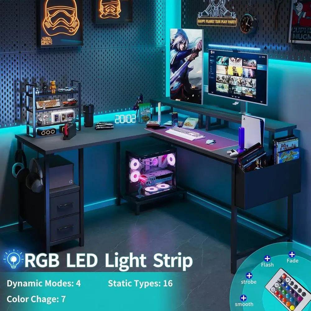 전원 콘센트가 있는 LED 조명 47 L자형 컴퓨터 책상, 모니터 스탠드와 패브릭 서랍이 있는 가정용 코너 사무실 책상, 블랙