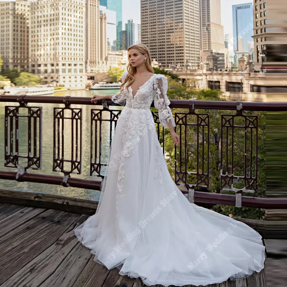 

Delicate A-Line Women Wedding Dresses Elegant V-Neck Lace Printing Bridal Gowns Mopping Length Party Vestido De Novia Customized