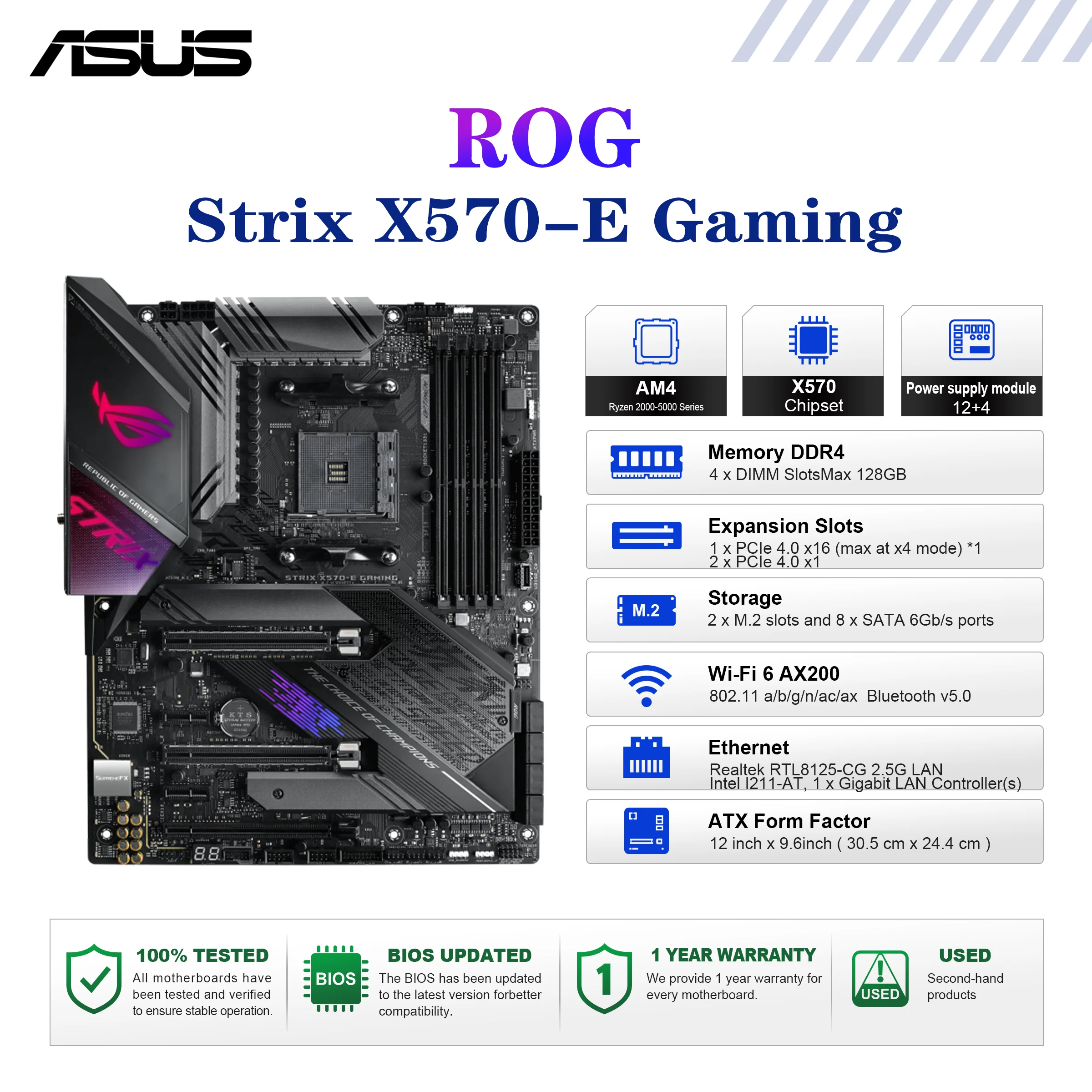 ASUS ROG STRIX X570-E 게이밍 마더보드 AM4 DDR4 X570 ATX 메인보드 AMD Ryzen 2000-5000 CPU 지원 원본 중고 100% 테스트 완료