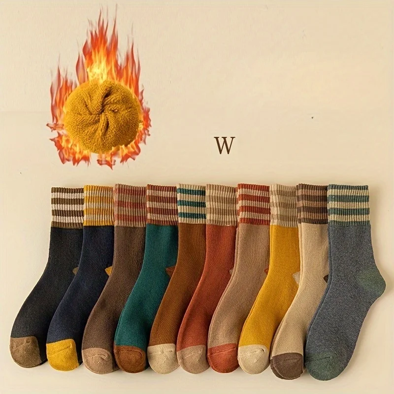 

10 пар вязаных носков, 60% 28,0% полиэстер, 12.0% эластан, всесезонные толстые плюшевые носки до середины икры, можно стирать в машине, японские