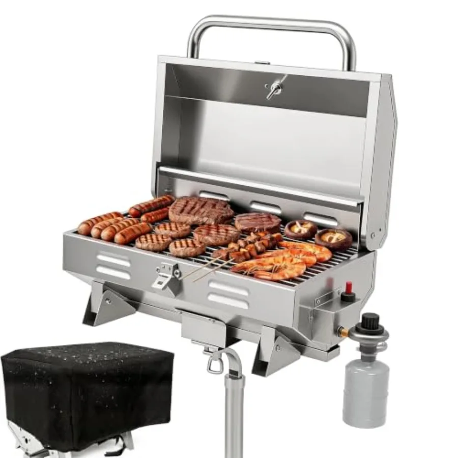 Boat Grill with Rod Holder Mount and Waterproof Cover, 304 Stainless Steel Marine BBQ Grill for Boat, Yacht, Portable Grill for