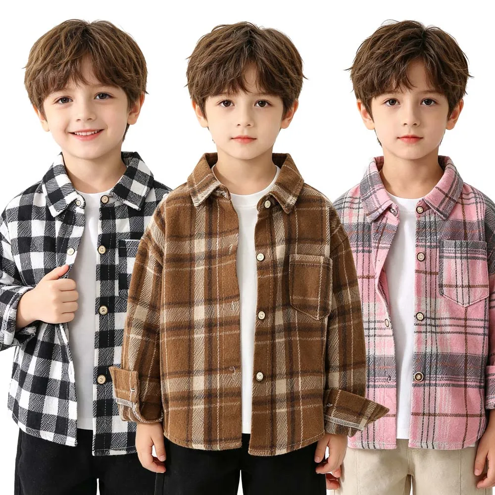 Spring Autumn Boys Plaid Shirt Kids Long Sleeve Lapel Button‑Up Blouse Children Loose Casual Shirts Daily School Clothes
