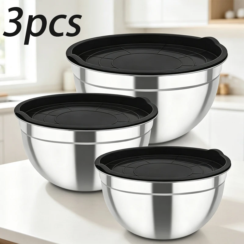 3 Stainless Steel Mixing Bowl with Lid, Nested Metal Salad Bowl and Food Storage Bowl, Used for baking, Cooking and Serving