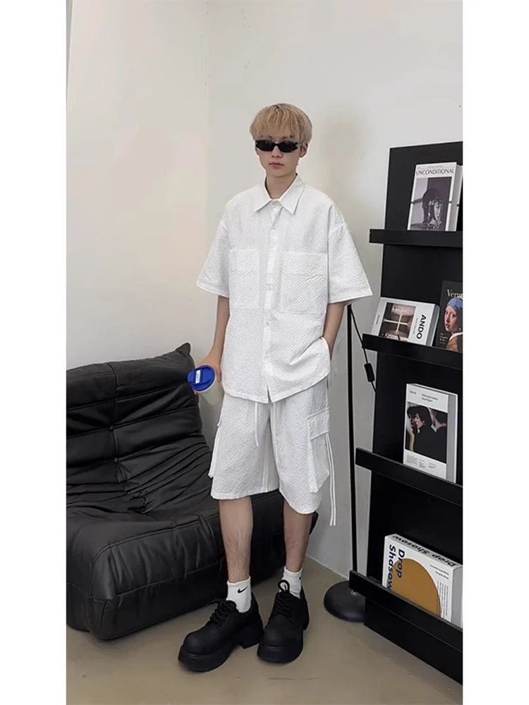 White Ice Silk Quick Dry Set Men's Summer Shirt Short Sleeve Shorts High End Feel Complete Set Casual Sportswear Polyester Fiber
