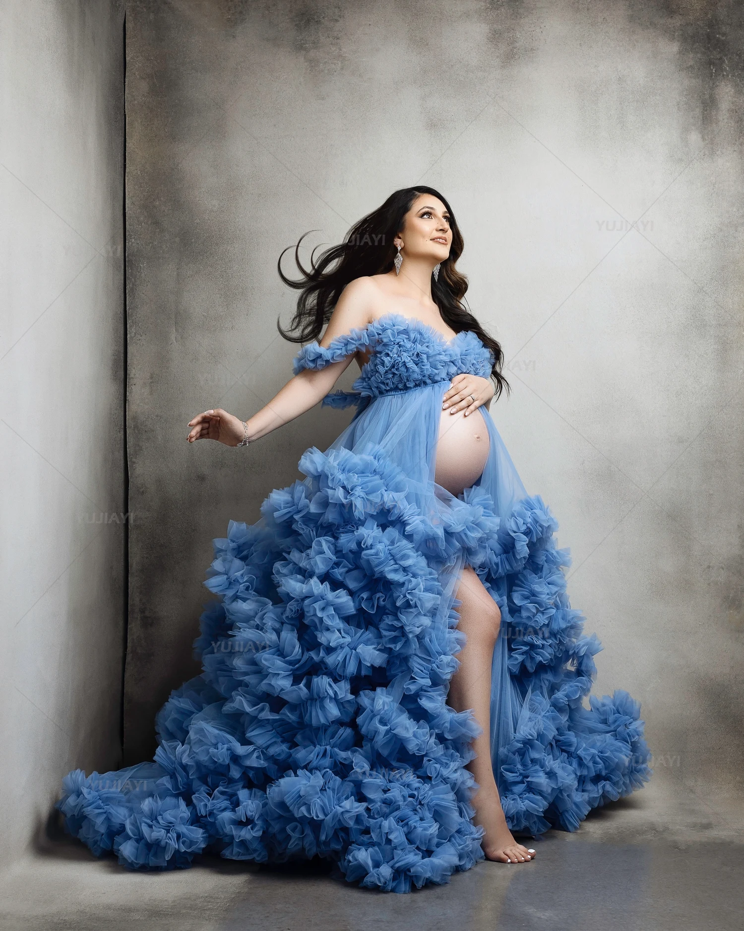 Luxuriöse Umstandskleider für Fotoshooting, Perspektive, transparente Tüll-Robe, lange Damen-Partykleider, flauschige Hochzeit, Brautnachtwäsche