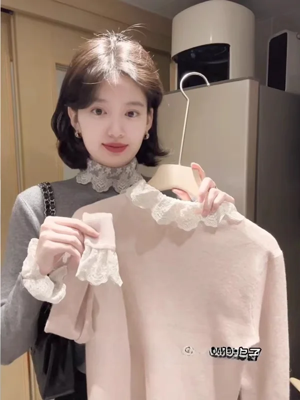 

Brand Doll Collar Lace Splicing Base Shirt Women's Autumn Winter Knitted Sweater Inner Wear Commute Style Regular Fit Long Sl...