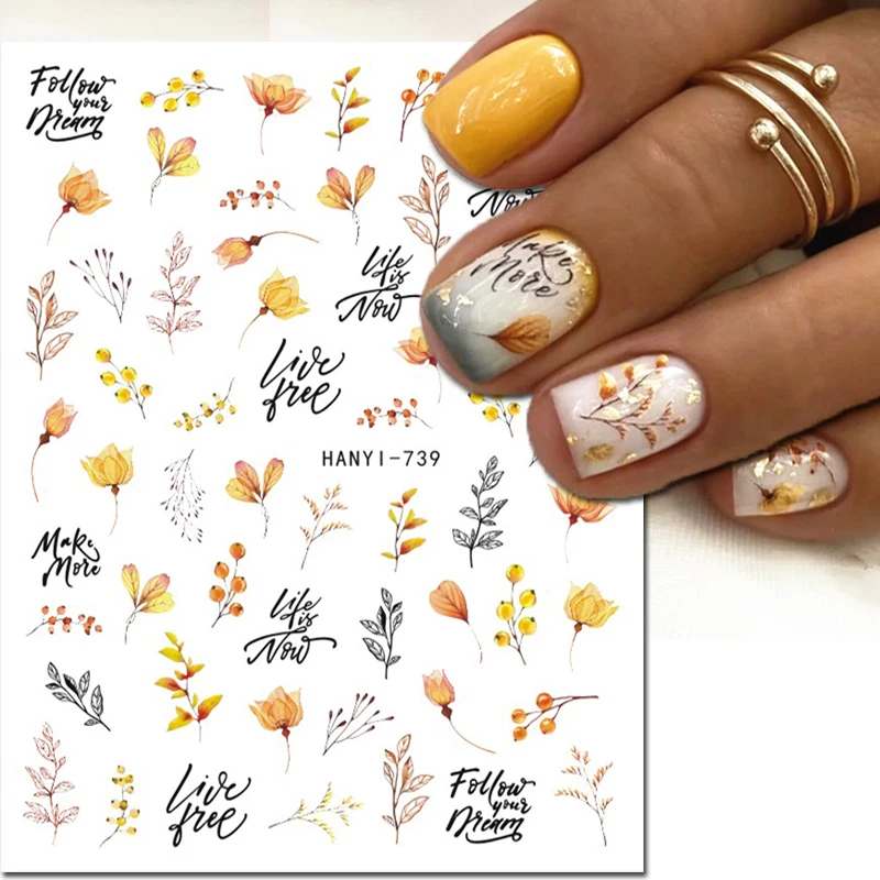 Nail Art 3d Decals Winter Yellow Leaves Fruit Clear Flowers Letters Adhesive Sliders Nail Stickers For Nail Tips Decoration