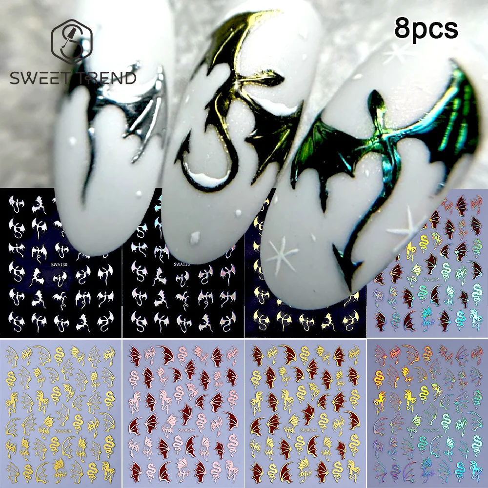 SWEET TREND-8 Stück Laser-Drachen-Nagelaufkleber Böse Fledermaus Fliegender Drache Selbstklebende Nagelsticker für Halloween-Maniküre-Dekoration