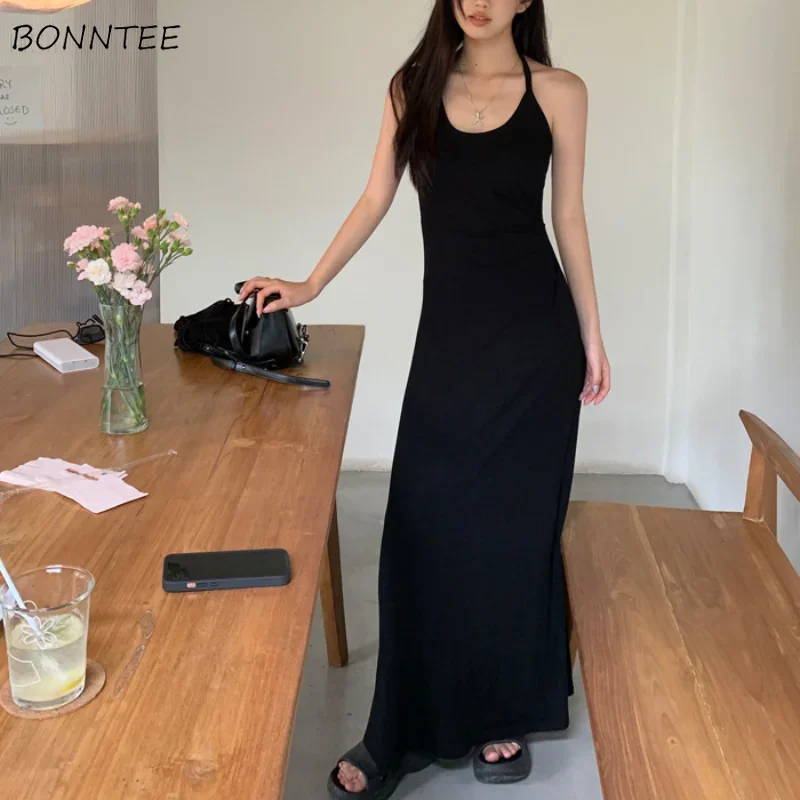 Backless Midi Dress Women Sexy Sleeveless Slouchy Streetwear Tender Padded Temper Popular Seductive Vestidos Ulzzang Fashion