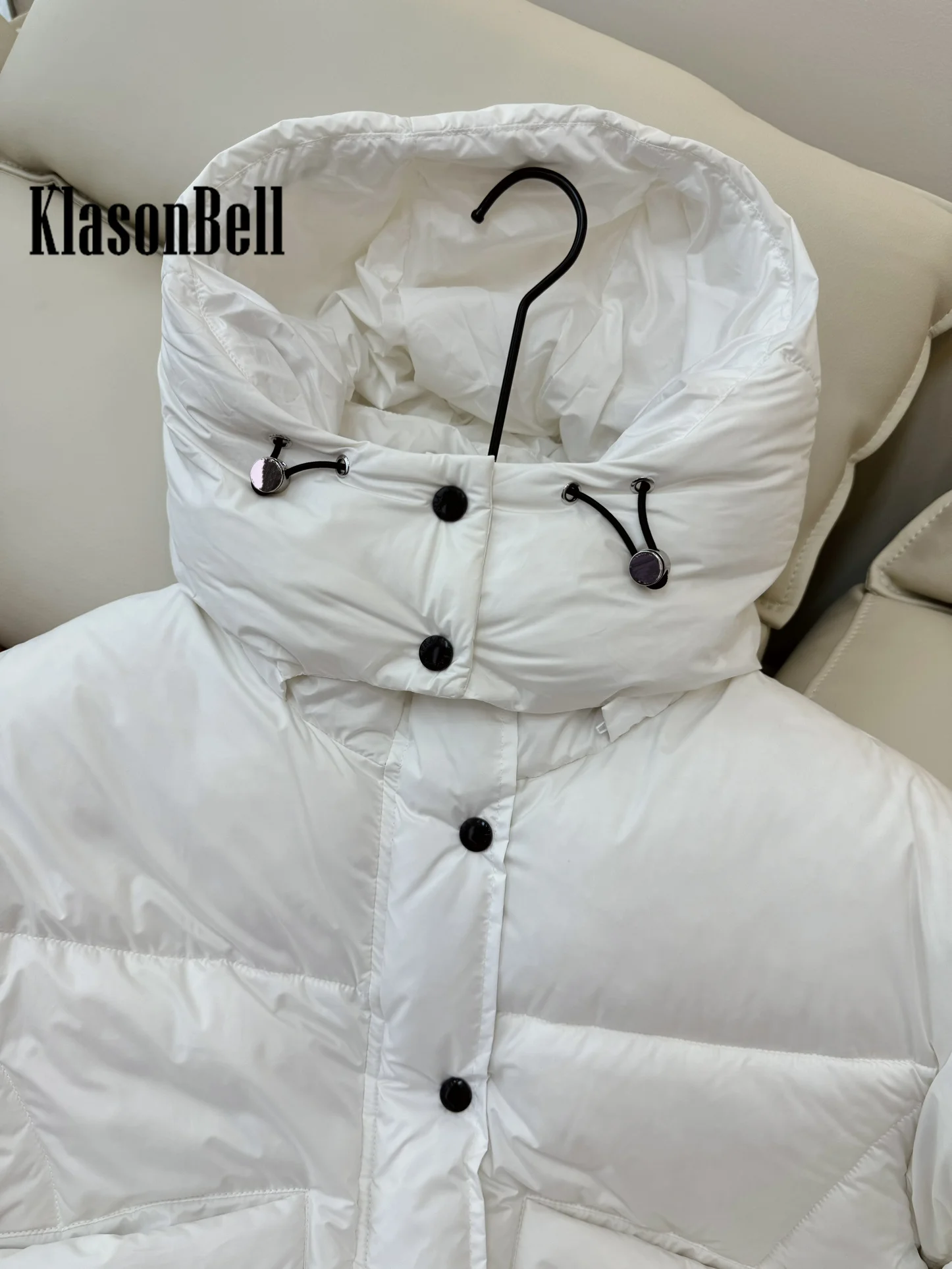 9.4 KlasonBell Women Fashion Drawstring Hat Detachable  White Goose Down Bread Jacket Double Pocket Elastic Cuff Down Coat