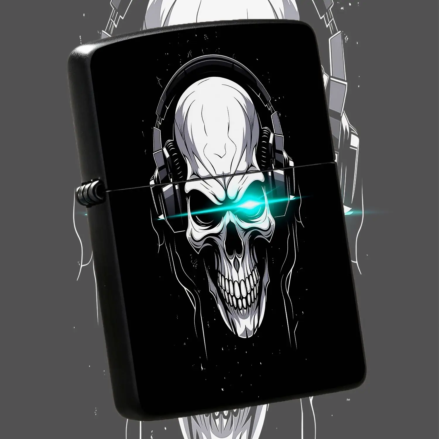 Cool Cyber Skull Themed Lighter With Headphones Glowing Cyan Laser Eyes Stylish Trendy Portable Igniter Perfect For Daily Use Outdoor Camping Gifting Unique Creative Practical Accessory Forenthusiasts A Humorous And Interesting Lighter