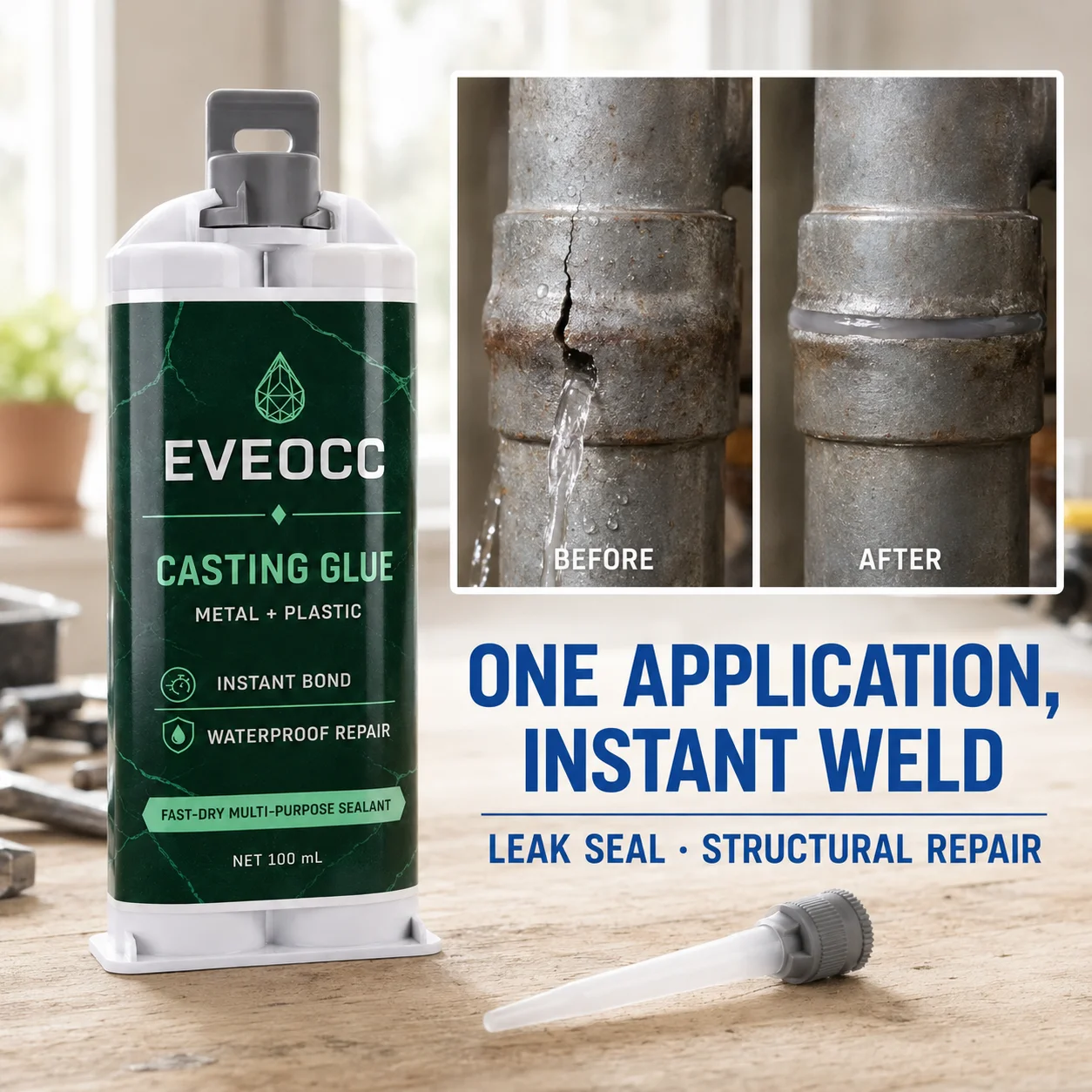 Metal Plastic Repair Casting Glue, EVEOCC 100ml Fast‑Drying Waterproof Instant Bond Multi‑Purpose Sealant