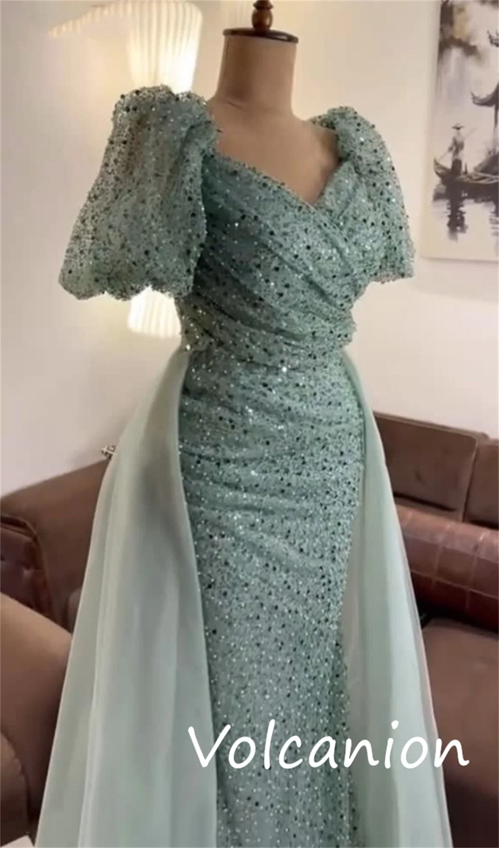 Customized Sparkle Casual Net Organza Sequined Pleat Straight V-neck Long Dresses Bespoke Occasion Elegant