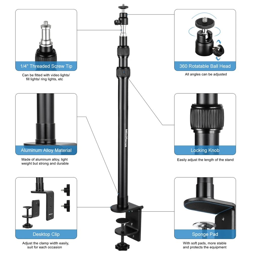 Desktop Streaming Flexible Overhead Arm Extend Light Stand C-clamp Desk Lights Stick Ballhead Mount for Camera Video Webcam Live