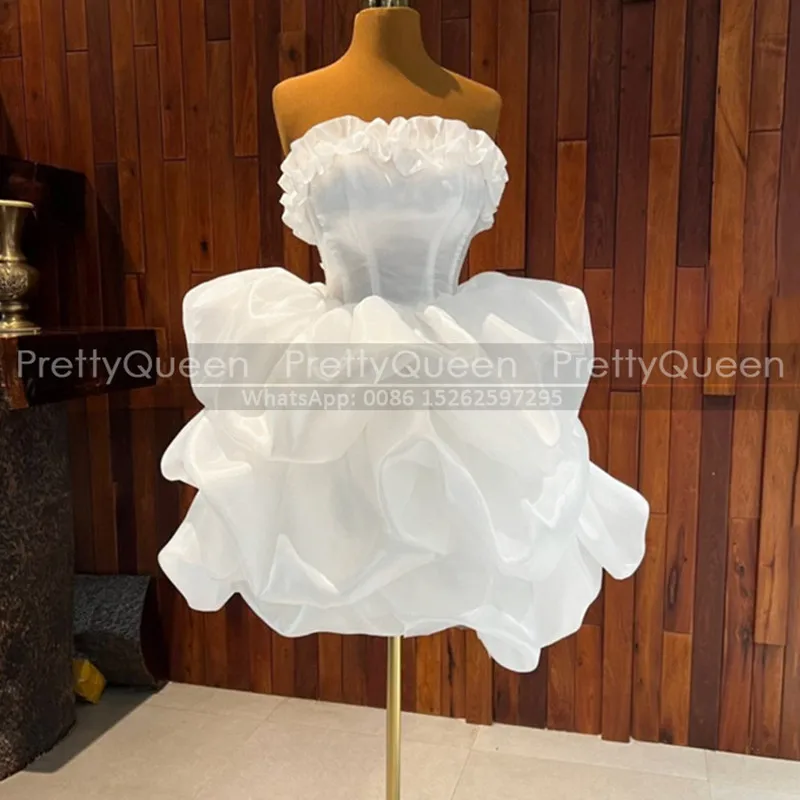 

Customized Short Bridesmaid Dresses Ball Gown Strapless White Organza Mini Wedding Party Dress For Women