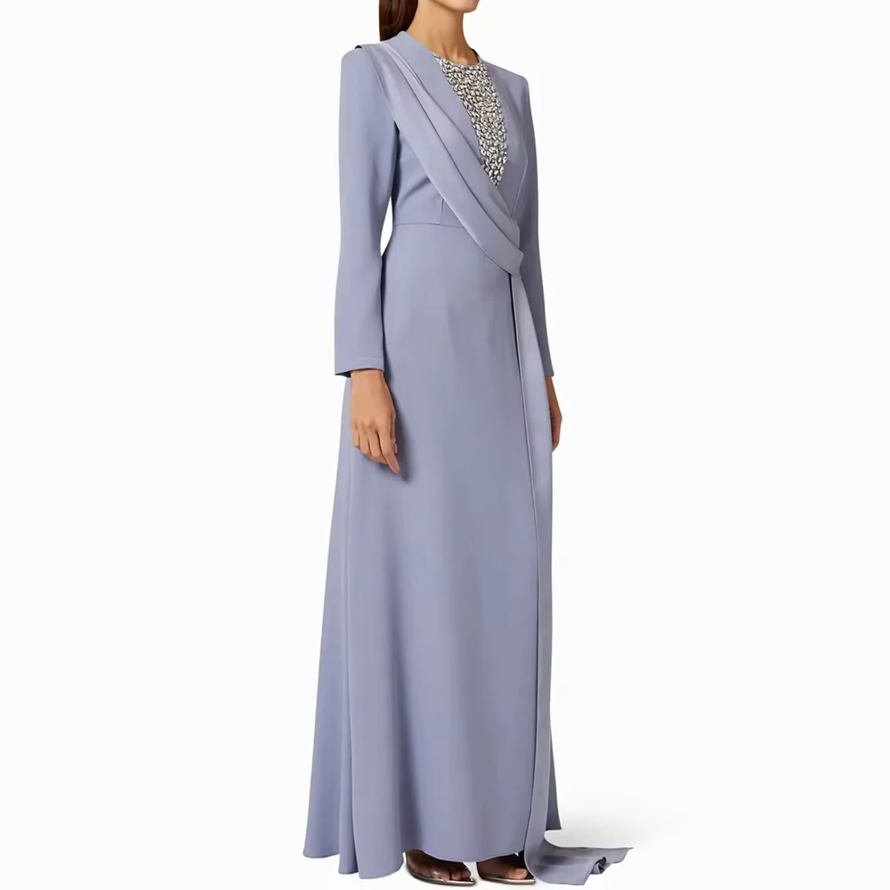 Modest long‑sleeve wrap floor‑length evening gown with exquisite chest decor. Suitable for wedding and banquet for Middle East l