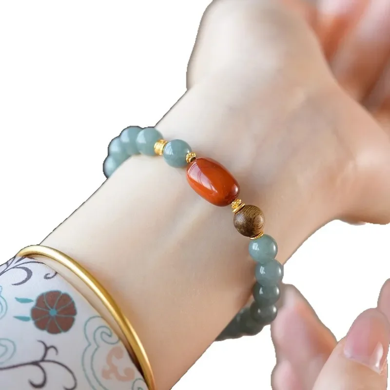 "Blue Brocade" Natural Blue Water Jadeite Bracelet Women's Premium Sense Beaded Nanhong Agarwood Bracelet Jade New Chinese
