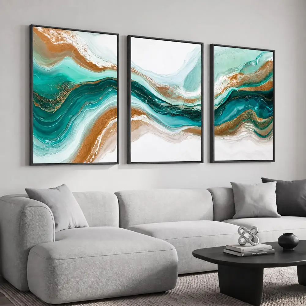 Turquoise Gold Fluid Marble Abstract Painting Calligraphy Canvas Poster Set Wall Art for Bedroom Living Room Home Decor Decals