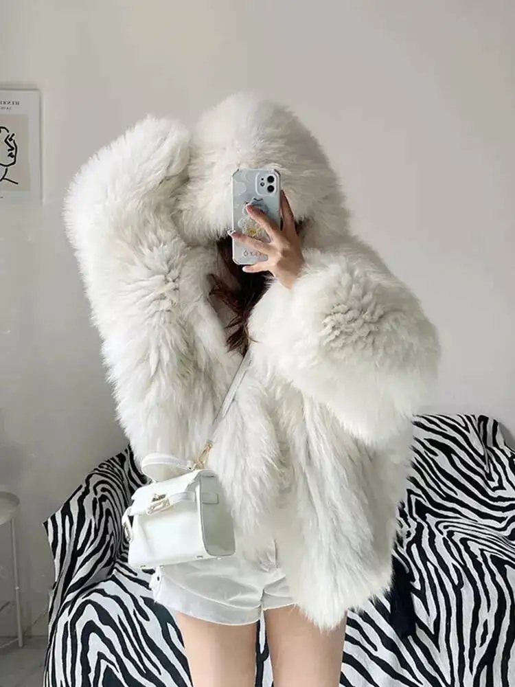 Mantel Bulu Imitasi Wanita Jaket Panjang Sedang Biru Berkerudung Lengan Panjang Tebal Hangat Bulu Longgar Kasual Musim Gugur Musim Dingin 2026