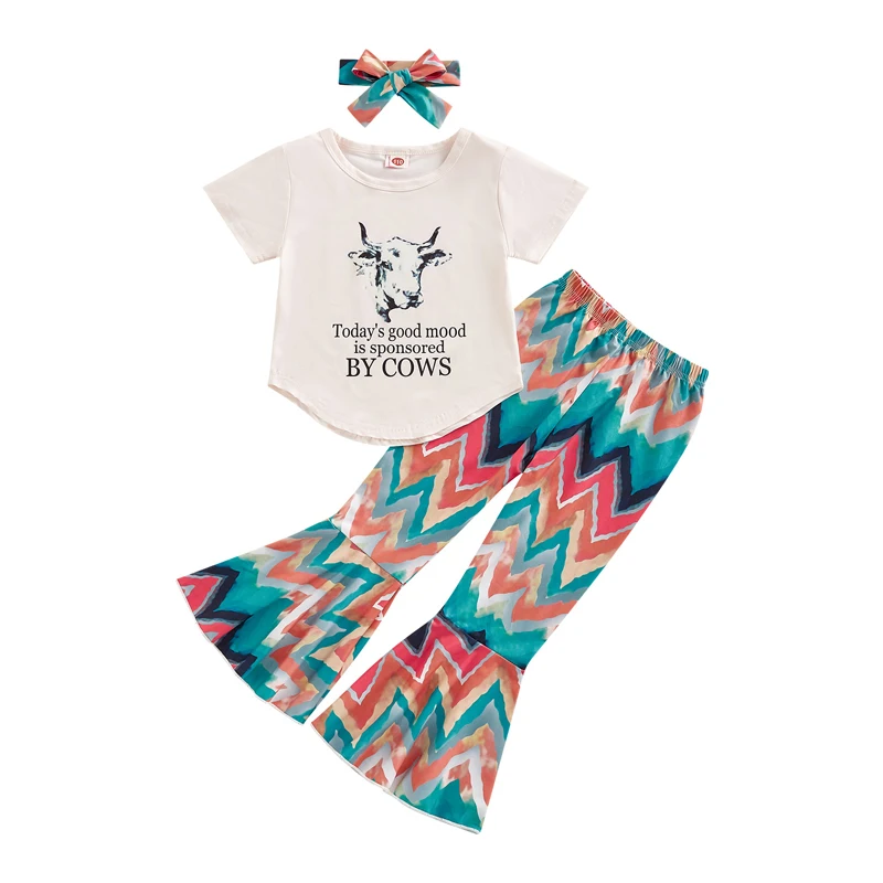 Kids Girls Summer Clothes Letter Cow Print Short Sleeve T-shirt  Wave Pattern Print Flare Pants Headband Outfits