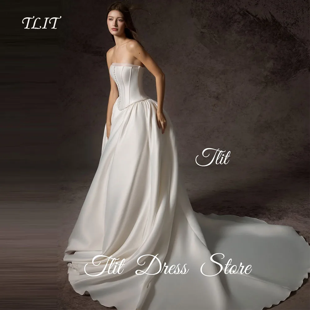 TLIT Vintage Ivory Silk Satin A-Line Wedding Dresses Customized Strapless Vestido de casamento Buttons Bridal Gowns 2026