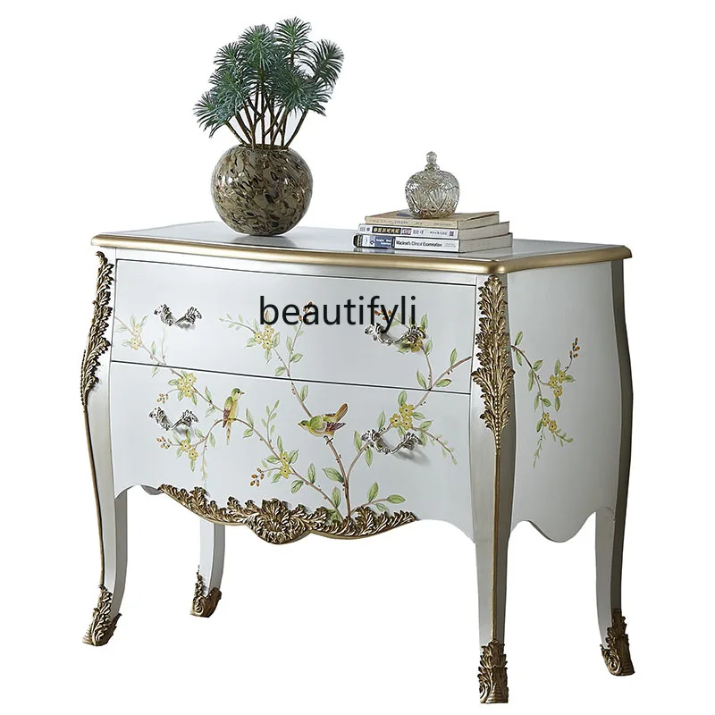 

LBX Painted Cabinet Living Room Side Solid Wood Light Luxury Entrance Cabinet Country Retro Distressed Chest of Drawers