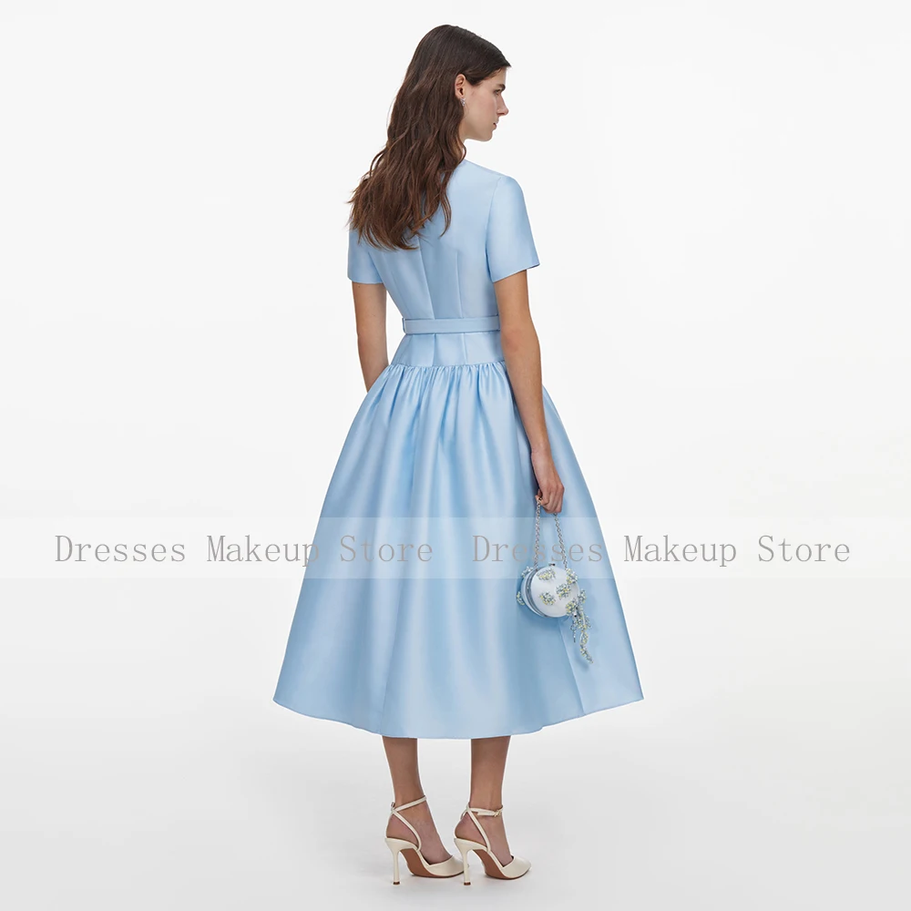 Customized Baby Blue Satin Cocktail Dress Midi Short Sleeves A Line Women 's Cocktail Gowns Buttons Tea Length Modern Party Gown