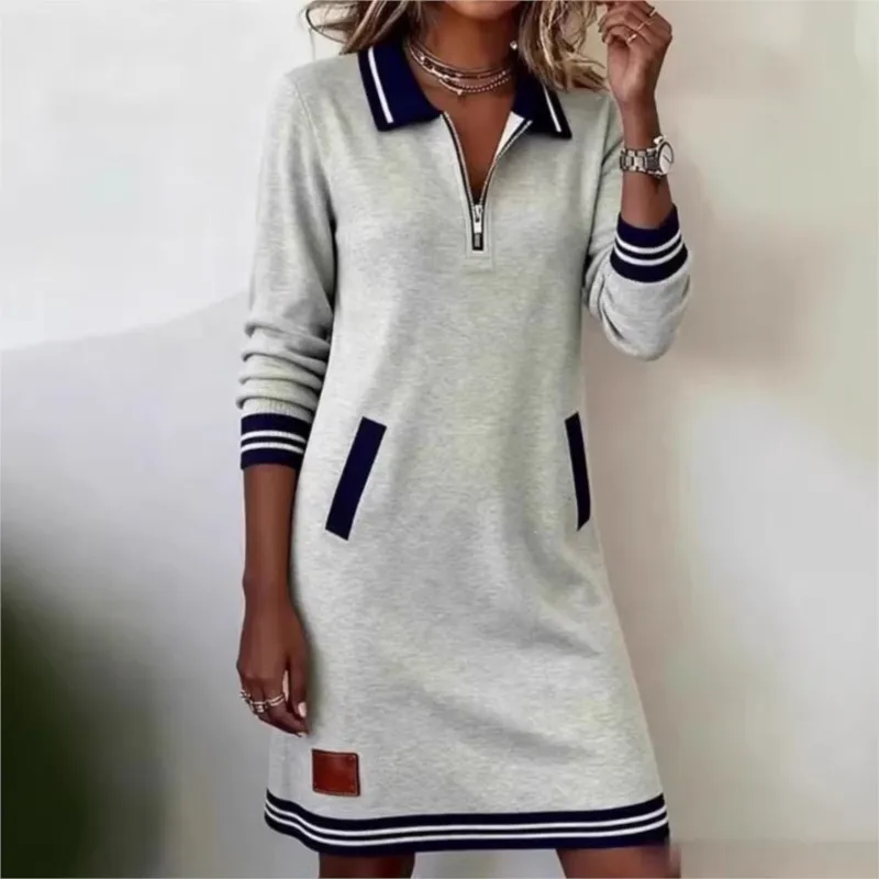 Striped Design A-line Dress Female Summer Fashion Loose Lapel Long Sleeved Mini Dresses With Pockets Elegant Vestidos For Ladies