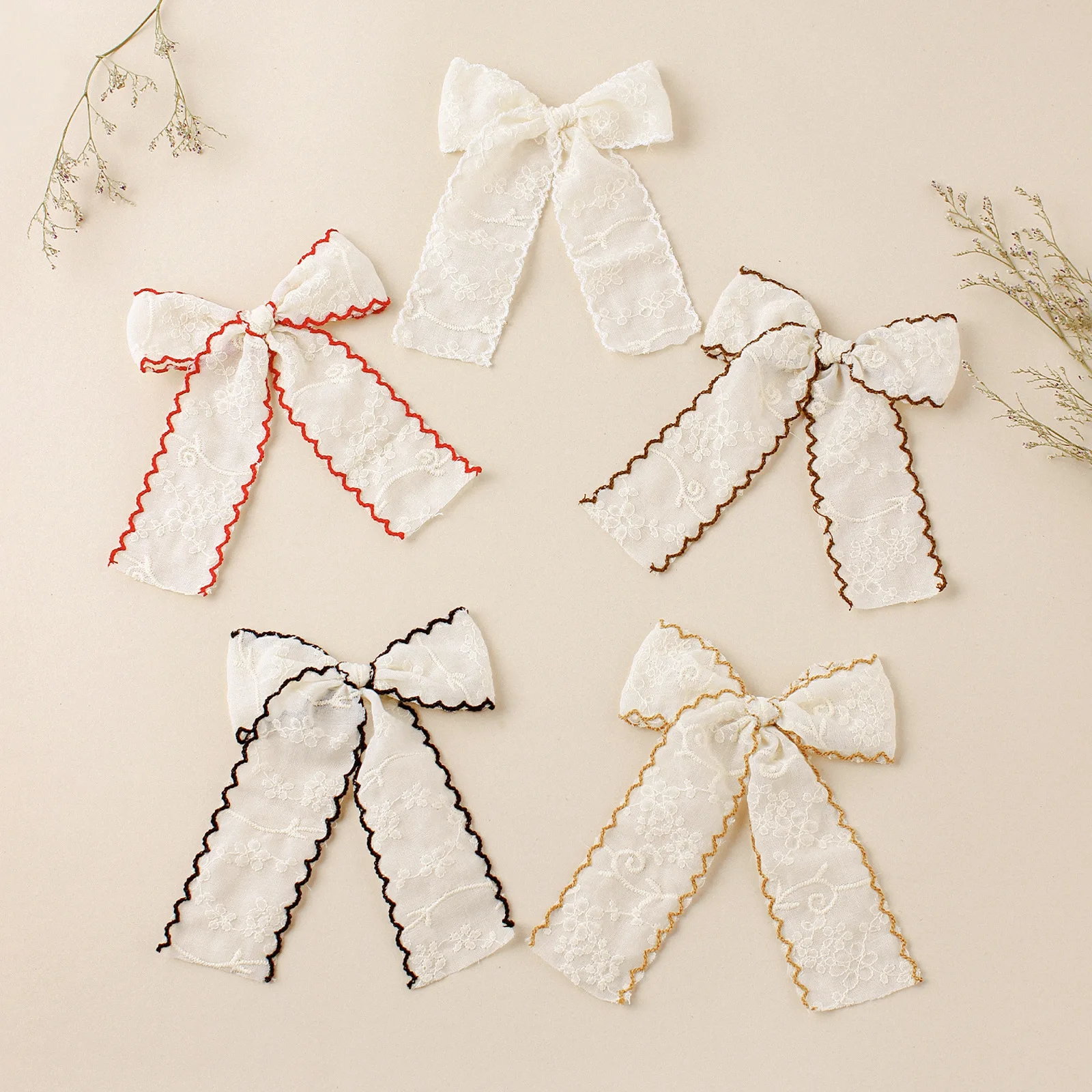 5Pcs Summer New Children's Hair Clip Beige Bow Lace Girl Sweet Hair Barrettes Girl's Back Hairpin Daily Casual Hair Accessories