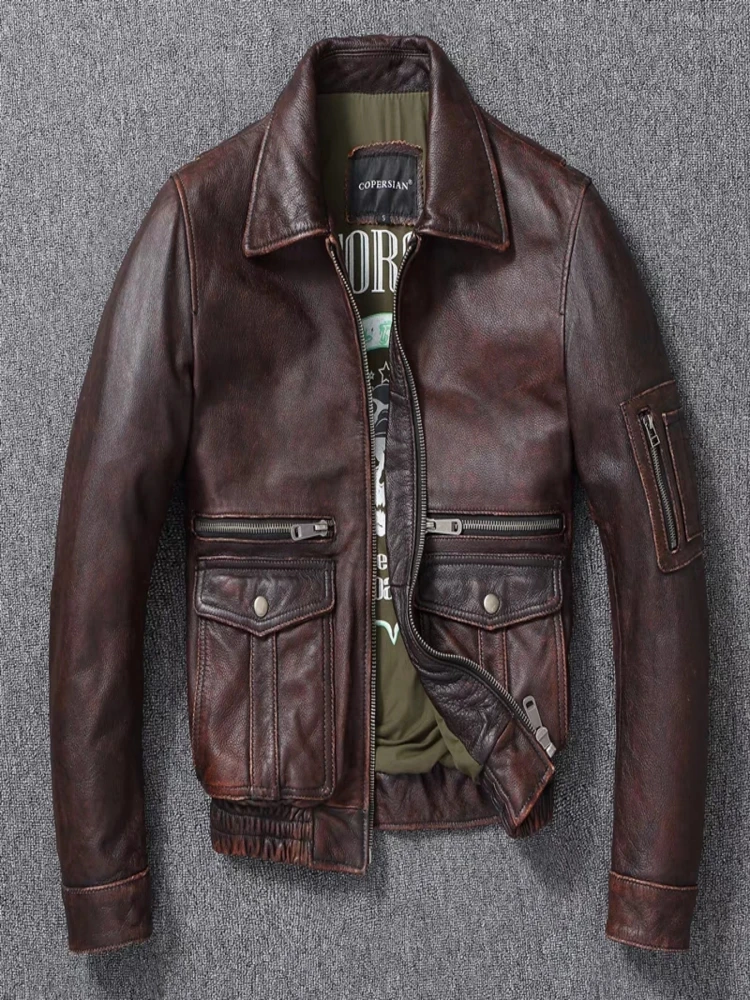 

New Men's Genuine Leather Jacket Vintage Stone Milled Top Layer Cowhide Bomber A2 Brown Calfskin Motorcycle