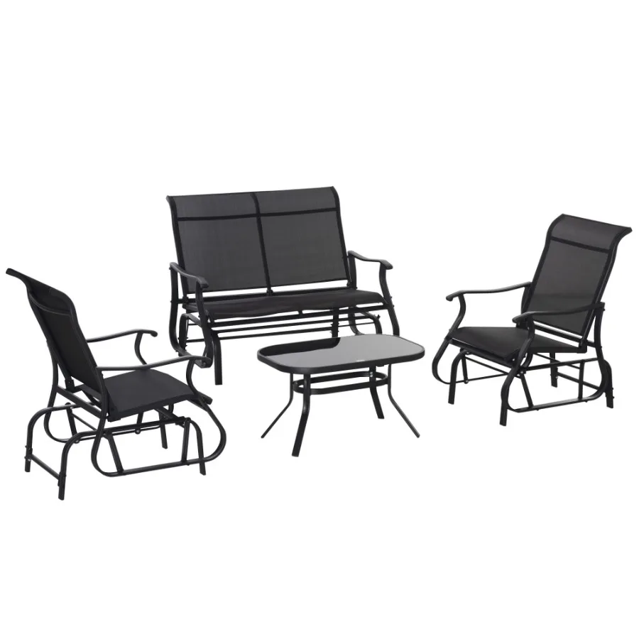 

4Piece Patio Conversation Set 2Person Glider Sling Chair Glass Table Outdoor Furniture for Lawn Black
