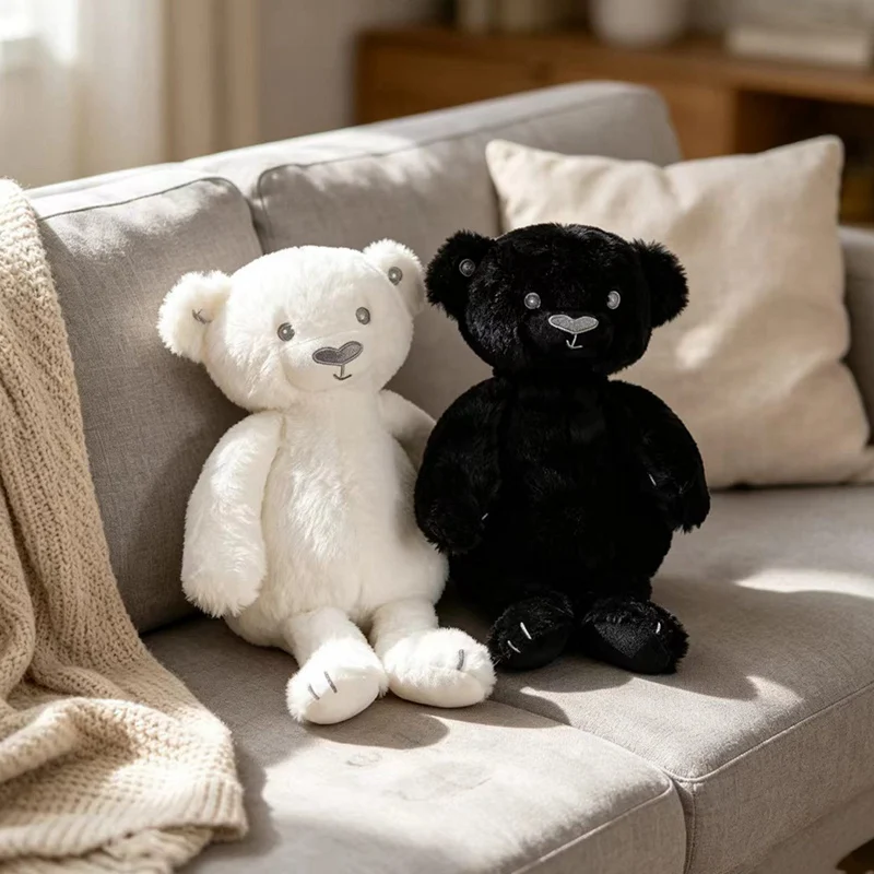 Kawaii Simple Style Teddy Bear Plush Doll Solid Black White Fluffy Fur Embroidery Eyes Nose Cute Stuffed Bear Toy gifts.