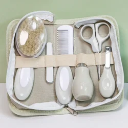 Khaki baby care kit, baby nose inhaler, nail clippers, file, brush, scissors, comb 6 daily cleaning tools