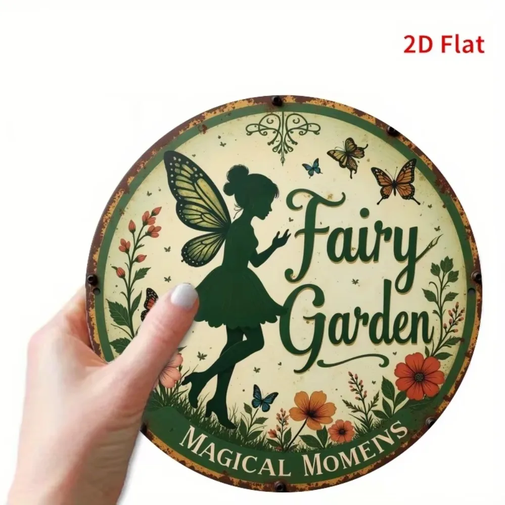[2D Flat] Vintage-Style Fairy Garden Metal Sign - , Ideal for Home, Room, Garage, Country, Garden, Metal Wall Art Deco