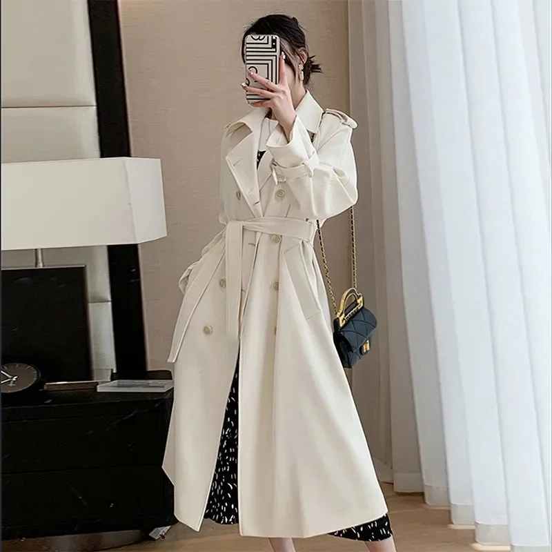 Windbreaker Women's Mid-length 2025 Spring And Autumn New Solid Color Small Popular British Style Coat Over The Knee Coat